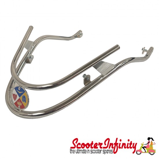 Crashbars / Bumper / Mudguard Front (Chrome, Double Tube, Emblem) (Cuppini) (Lambretta DL GP 125-200)