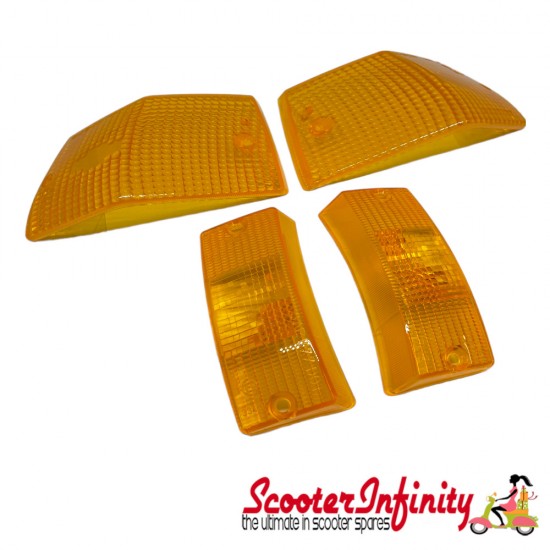 Indicator Lens Kit SIEM (Amber, FRONT & REAR SET) (Vespa PX80-200/​PE/​Lusso/​T5/​LML Star/​Deluxe/​Stella)