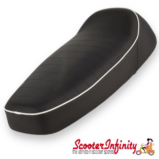 Seat ANCILLOTTI Vespa (Black, Stitched, White Piping) (PX80-200/PE/Lusso/PX'98/MY/T5 Classic)