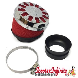 Air Filter RACING MALOSSI E13 (red, cap: chrome) (PHBH 28/30/TMX 27/30/PWK 33/35 carburettor,  connection: 42/50/58,5mm,  l 95 mm)