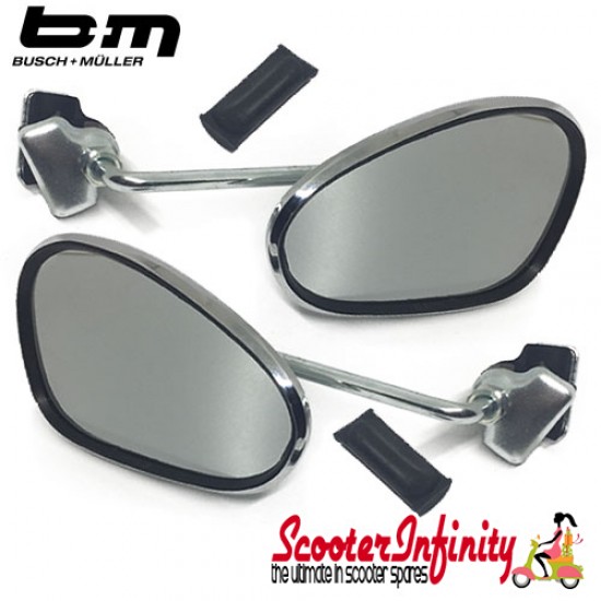 Mirror Clamp On LEFT & RIGHT Hand (2 Mirrors) (120 x 70mm) (Universal Scooter Fitting) (BUMM) (Chrome) (Vespa / Lambretta)
