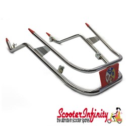 Crashbars / Bumper / Mudguard Front (Chrome, Double Tube, Red Emblem) (Cuppini) (Vespa PX80-200/PE /Lusso/T5 Classic)