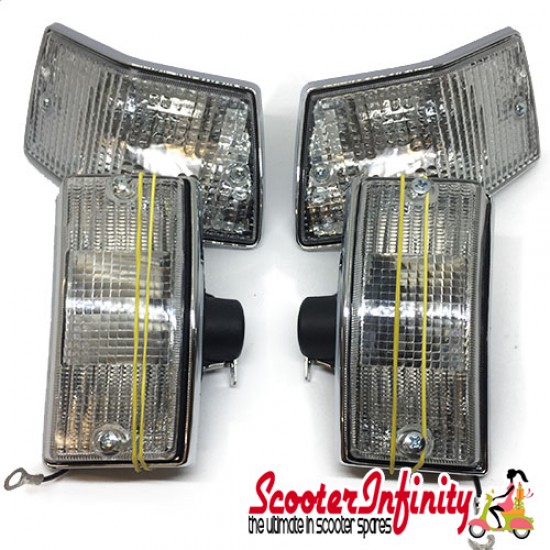 Indicator Kit PIAGGIO (clear, chrome surround, front & rear, includes bulbs) (Vespa PX80-200/PE/Lusso/T5)