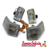 Indicator Kit FIEM (Front & Rear, clear, chrome surrounds, incl. bulbs BAU15S) (Vespa PX80-200/PE /Lusso/T5)