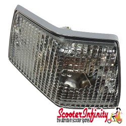 Indicator Rear L/S PIAGGIO (clear, chrome surround) (Vespa PX80-200/PE/Lusso/T5)