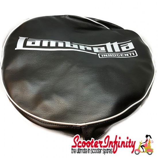 Spare Wheel Cover (OEM Quality - 3.50, 10" - Black with Innocenti Emblem, White Piping) Lambretta GP LI SX TV Spare Wheel Cover (OEM Quality - 3.50, 10" - Black with Innocenti Emblem, White Piping) Lambretta GP LI SX TV
