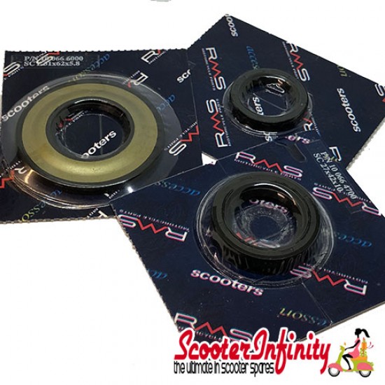 Oil Seal Kit Set Engine (24x35x6/ 31x62x4,3x5,8/ 27x42x10 mm, black/black/black) (Vespa PX80-200 E Lusso 2? /`98`MY`11/T5/Cosa)