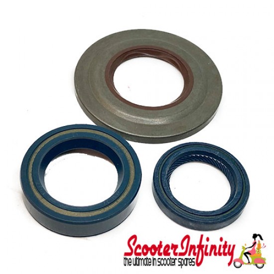 Oil Seal Kit Set Engine (24x35x6/ 31x62x4,3x5,8/ 27x42x10 mm, blue/blue/brown metal) (Vespa PX80-200 E Lusso 2? /`98`MY`11/T5/Cosa)