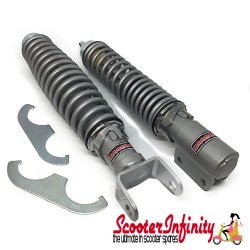 Shock Absorber Sebac Style Front/Rear Silver/Silver (Carbone) PAIR (Vespa PX125-200 / T5, T5 Classic / LML)