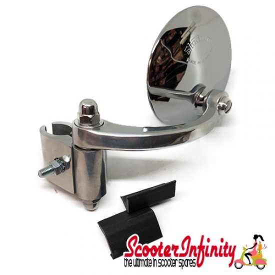 Mirror Clamp On LEFT Hand Round (100x100mm) (Universal Scooter Fitting) (Premium, STADIUM) (Stainless) (Vespa / Lambretta) Mirror Clamp On LEFT Hand Round (100x100mm) (Universal Scooter Fitting) (Premium, STADIUM) (Stainless) (Vespa / Lambretta)