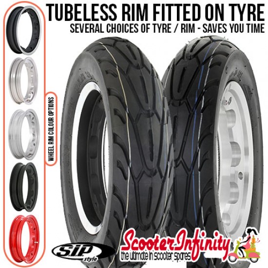 PACKAGE: Wheel Rim Tubeless SIP fitted onto your Choice of Tyre (Select Your Options) (Tyre: 3.50x10 - Rim: 2.10x10) (Lambretta) PACKAGE: Wheel Rim Tubeless SIP fitted onto your Choice of Tyre (Select Your Options) (Tyre: 3.50x10 - Rim: 2.10x10) (Lambretta)