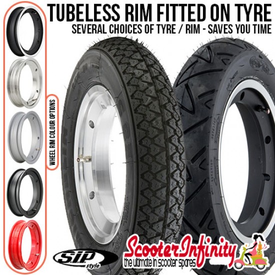 PACKAGE: Wheel Rim Tubeless SIP fitted onto your Choice of Tyre (Select Your Options) (Tyre: 3.50x10 - Rim: 2.10x10) (Vespa) PACKAGE: Wheel Rim Tubeless SIP fitted onto your Choice of Tyre (Select Your Options) (Tyre: 3.50x10 - Rim: 2.10x10) (Vespa)