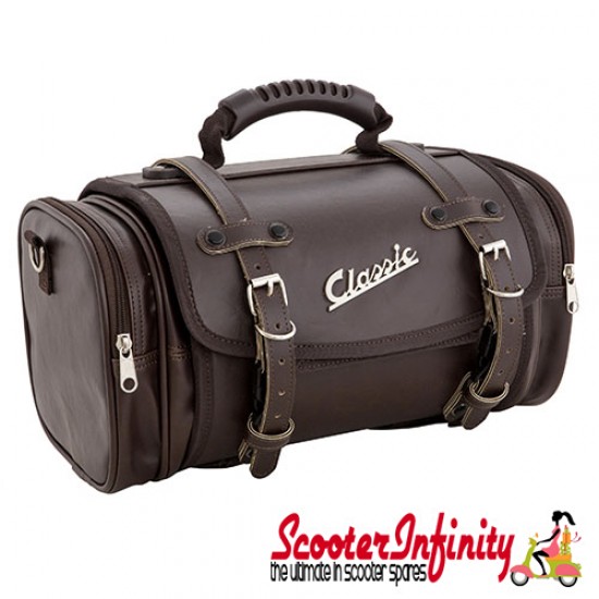 Case Top Box / Roll Bag Classic SIP Style - VESPA PX GTS/GT/GTV/LX LAMBRETTA (FITS TO ANY CARRIER) (10L) (Brown Faux Leather) Case Top Box / Roll Bag Classic SIP Style - VESPA PX GTS/GT/GTV/LX LAMBRETTA (FITS TO ANY CARRIER) (10L) (Brown Faux Leather)