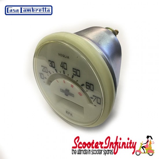 Speedometer  White Face 70MPH Lambretta (LI 125-150 S1 & 2, TV175 S1 & 2)