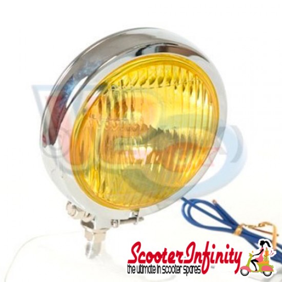 Spotlight / Spotlamp Chrome with Yellow Glass Mod Style (120mm, High Quality, Halogen - 12v, 55w) (Vespa / Lambretta) Spotlight / Spotlamp Chrome with Yellow Glass Mod Style (120mm, High Quality, Halogen - 12v, 55w) (Vespa / Lambretta)