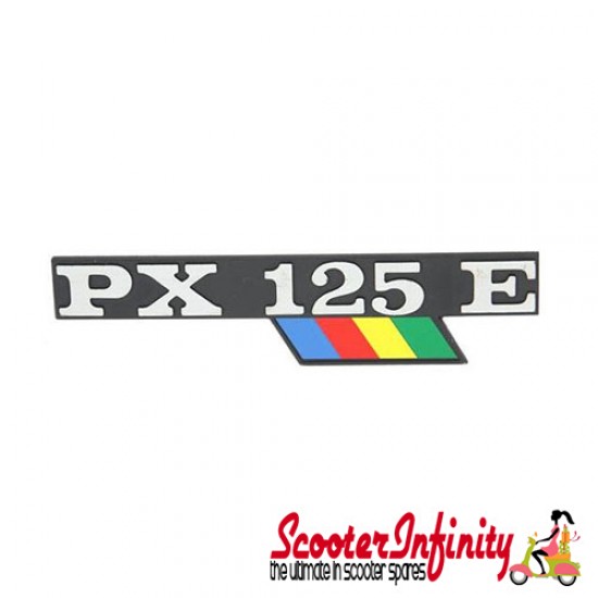 Badge Sidepanel "PX 125 E" (Black Aluminium / Colours, pin distance 105mm) (Vespa PX125 E /Lusso/EFL/Arcobaleno) Badge Sidepanel "PX 125 E" (Black Aluminium / Colours, pin distance 105mm) (Vespa PX125 E /Lusso/EFL/Arcobaleno)