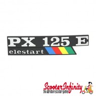 Badge Sidepanel "PX 125 - Elestart" (Black Aluminium / Colours & Elestart Emblem, pin distance 105mm) (Vespa PX125 E /Lusso/EFL/Arcobaleno)