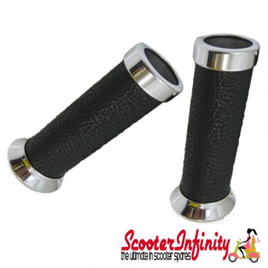 Grips Black Leather (with Alloy Ends) (For Scooters w/o H-Bar End Weights) (Vespa ET2, ET4, Sprint, LX, LXV, Primavera, Sprint - 4 Strokes)