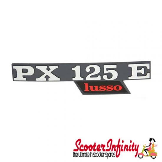 Badge Sidepanel "PX 125 - Lusso" (Aluminium Red / Black, pin distance 105mm) (Vespa Vespa PX125 E Lusso/EFL/Arcobaleno)