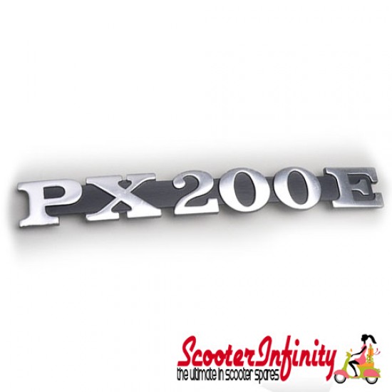 Badge Sidepanel "PX 200 E" (Black / Aluminium, pin distance: 105mm) (Vespa PX200E)