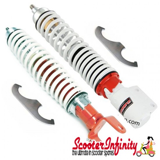 Shock Absorber Sebac Style Front/Rear (Red/White) (Carbone) PAIR (Vespa PX125-200 / T5, T5 Classic / LML) Shock Absorber Sebac Style Front/Rear (Red/White) (Carbone) PAIR (Vespa PX125-200 / T5, T5 Classic / LML)