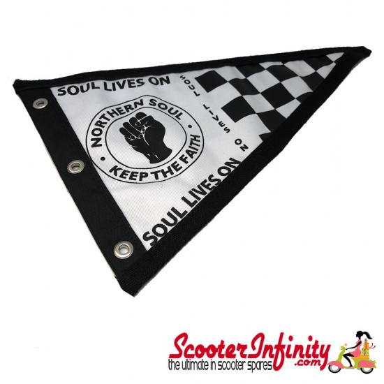 Flag Penant Northern Soul (Black Trim) (300x180mm) (With Eye Holes, for Whip Aerial) Flag Penant Northern Soul (Black Trim) (300x180mm) (With Eye Holes, for Whip Aerial)