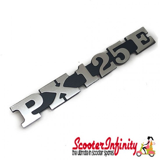 Badge PX 125E Sidepanel (black/aluminium, fixation: 2 pins) (Vespa PX 125E) Badge PX 125E Sidepanel (black/aluminium, fixation: 2 pins) (Vespa PX 125E)
