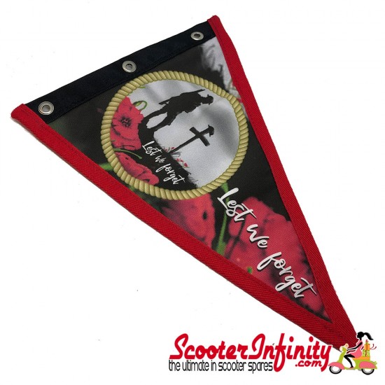 Flag Penant Lest We Forget Poppy, Remembrance Day (Red Trim) (300x180mm) (With Eye Holes, for Whip Aerial) Flag Penant Lest We Forget Poppy, Remembrance Day (Red Trim) (300x180mm) (With Eye Holes, for Whip Aerial)