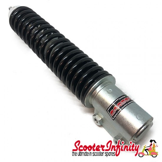 Shock Absorber Standard Front (Black Spring, Silver Body, Carbone) (LML - Vespa P125-150X, P200E, PX125-200E, PX125-200E Disc, PX200 EFL, T5, T5 Classic)