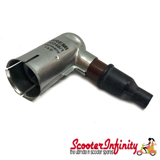 Spark Plug Cap (BREMI metal, 90?, interference suppressed, 1kOhm) (Vespa / Lambretta - Universal) Spark Plug Cap (BREMI metal, 90?, interference suppressed, 1kOhm) (Vespa / Lambretta - Universal)