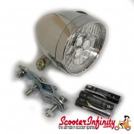 Spotlight / Spotlamp - Chrome Mod Style LED (Batterys Included) (70mm Lens, 85mm length) (Plastic, with Bracket) (Vespa / Lambretta)