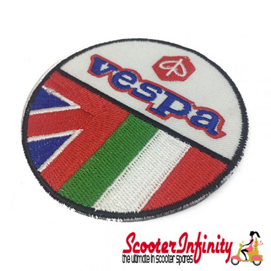 Patch Clothing Sew On - Vespa Emblem with Twin Flag (75mm, 75mm) (Union Jack, Italian Flag) Patch Clothing Sew On - Vespa Emblem with Twin Flag (75mm, 75mm) (Union Jack, Italian Flag)